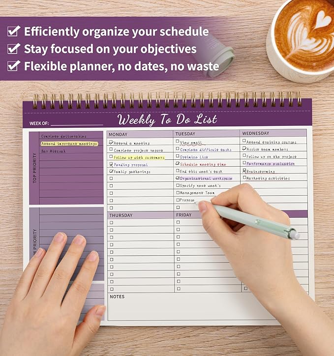 Weekly To Do List Notepad, 52 Undated Sheets （8.5"×11") Duplex-printed Weekly Planner Notepad For Work Home School Office Desk Accessories Supplies & Goal Setting Tasks - Purple