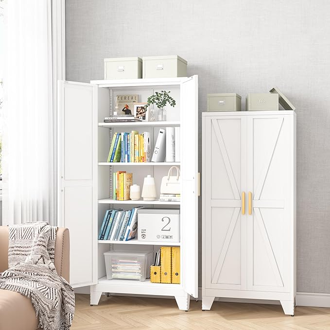 71H Tall Metal Storage Cabinet with 2 Doors and 5 Shelves,Farmhouse Storage Cabinet with Barn Doors,Pantry Storage for Home,Office,Dining Room,Kitchen,Bathroom(White)