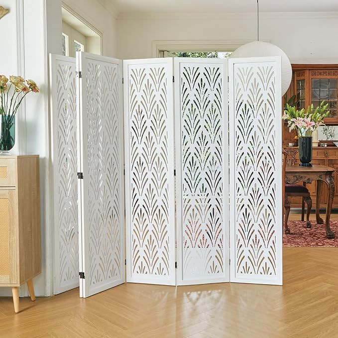 5.6Ft Room Divider Folding Wood Simple Carved Partition Screen for Home Office Garden - 6 Panels (White)