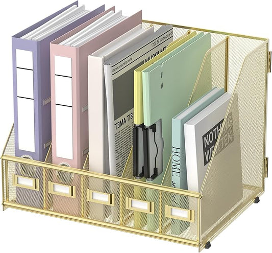 SUPEASY Desk Organizers Metal Desk Magazine File Holder with 5 Vertical Compartments Rack File Organizer for Office Desktop, Home Workspace, Gold Plus