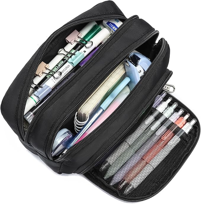 XQXA Pencil Pouch Large Capacity Pencil Case Organizer, Multifunctional Pen bag with 3 Compartmens, Big Pencil Bag for Office Travel Men Women Adult (01-Black)