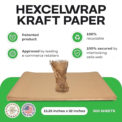 IDL Packaging 15.25" x 22" Honeycomb Kraft Packing Paper Sheets (Pack of 500), Brown – USA-Made Eco-Friendly Bubble Wrap Alternative for Shipping, Moving, Storage - Innovative Interlocking Slit Design