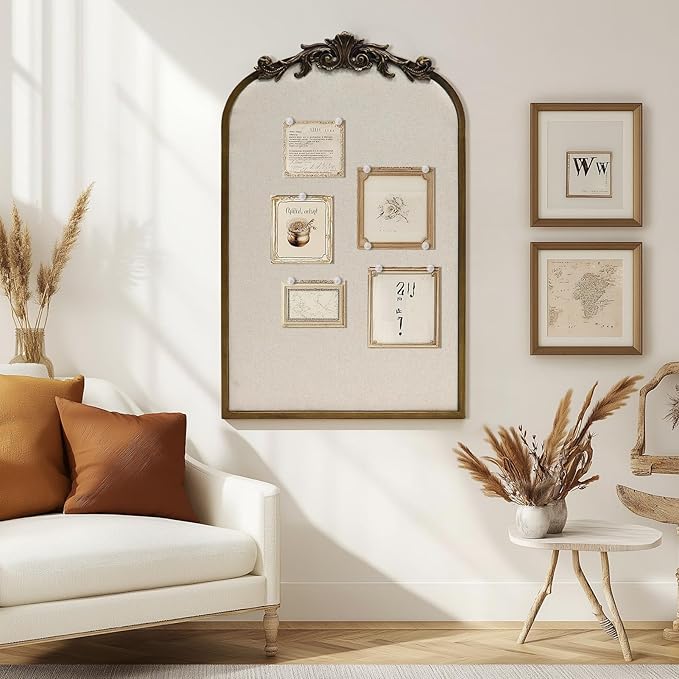 Arch Fabric Pinboard, Antique Gold Bulletin Boards 19"x31", Vintage Cork Board with Ornate Iron Frame for Wall Unique Display, Organization and Decor Options