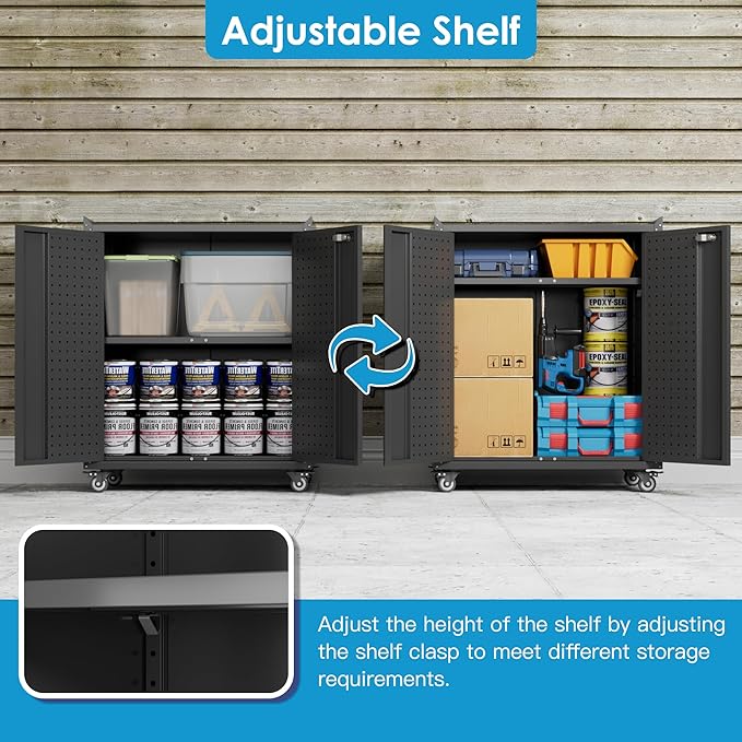 Aobabo 34.3" H Garage Storage Cabinet with Wheels,Lockable Metal Storage Cabinet with 2 Doors for Garage Home Office Storage,Black,Assembly Required