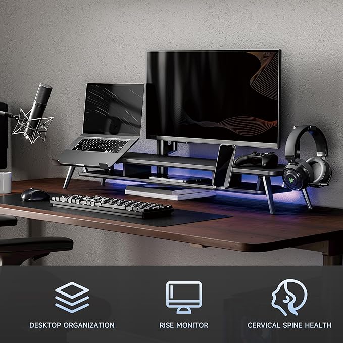 Fenge Dual Monitor Stand, Monitor Riser for 2 Monitors with Adjustable Laptop Riser , 42.5 Inch Desk Shelf for Top of Desk with Phone Holder& Headphone Stand
