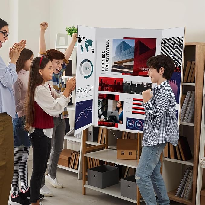 4 Pcs Trifold Display Board 36"x 48" Large White Presentation Board with Board Headers 4 Science Subtitles 32 Black Edge Self Adhesive Paper Poster Board for School Projects and Business Presentations