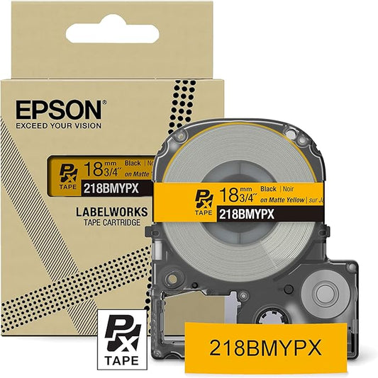 Epson LABELWORKS 218BMYPX Genuine PET (Polyester) Tape Cartridge - Black on Matte Yellow Designer Craft Label Maker Tape - 3/4" (18MM) Wide, 26'