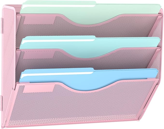 3 Tier Hanging Wall File Organizer, Mesh Mail Paper Orgnization Hanging File Folder Holder for Home Office, Pink