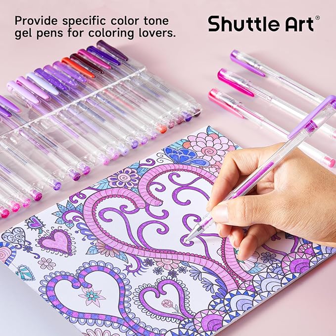 Shuttle Art 60 Pack Tone , Pink Purple Gel Pens with 30 Refills for Adults Coloring Books Journaling Drawing Nature, Landscapes, Animals Scenes