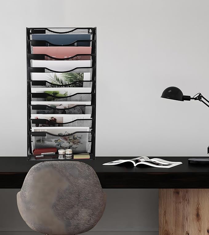 EasyPAG 10 Tier Wall File Holder with Flat Tray, Black | Easy Assemble Mesh Desk File Organizer | 9-Folder Paper Storage | Replaceable Classify Labels | Space Saving Mail Organizer for Office Home