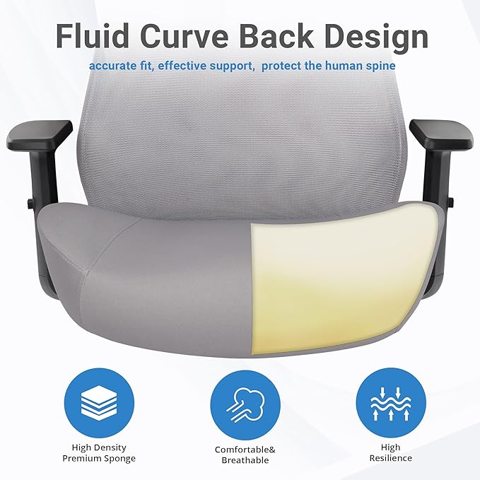 HYLONE Office Chair, 5" Thickened Seat Ergonomic Desk Chair with Adjustable Armrests, Home Office Computer Chairs for Long Hours Mesh Executive Chair(Black Base&Grey)