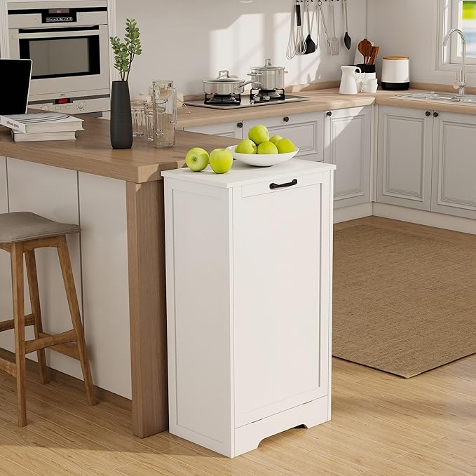 10 Gallon Tilt Out Trash Cabinet, Wooden Hidden Free Standing Kitchen Garbage Can with lid, Modern Pet-Proof Trash Can Holder for Bathroom, Living Room, Laundry Room, White