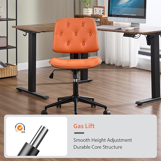 Small Home Office Chair - Armless Mid Back Desk Chair with 360° Swivel and Wheels, PU Upholstered Height Adjustable Modern Walnut Computer Chair for Home, Office Meeting Room - Orange