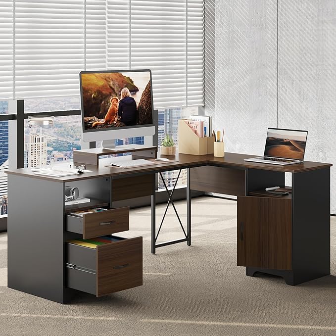 Bestier L Shaped Desk with File Drawers, 63" x 47" Office Computer Desk with Storage Cabinet, Corner Desk with Monitor Stand & Modesty Panel for Home Office, Cherry