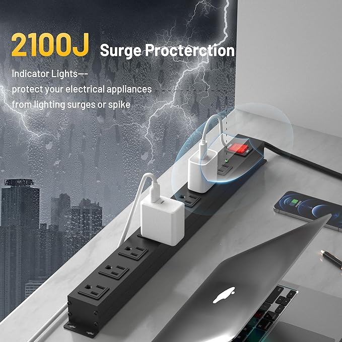 KF 8 Outlet Heavy Duty Power Strip Surge Protector, 2100J Surge Protection Metal Power Strip, 15A/1875W Mountable Power Strips with Upgraded Switch, 14AWG 6FT Extension Cord, Black