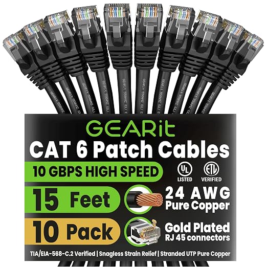 GEARit Cat 6 Ethernet Patch Cable 15 ft Black Cat6 Patch Cables 15ft by GEARit