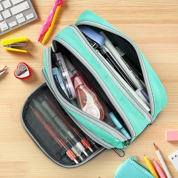XQXA Pencil Pouch Large Capacity Pencil Case Organizer, Multifunctional Pencil Pouch with 3 Compartmens, Big pencil bags with zipper Office Travel Men Women (01-Mint Green)