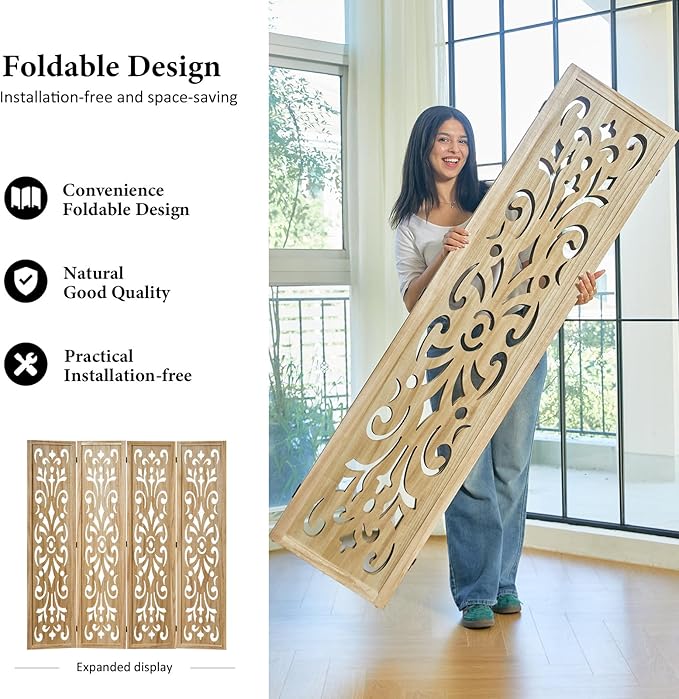 5.6Ft Room Divider Folding Wood Classical Carved Partition Screen for Home Office Garden - 4 Panels (Natural)