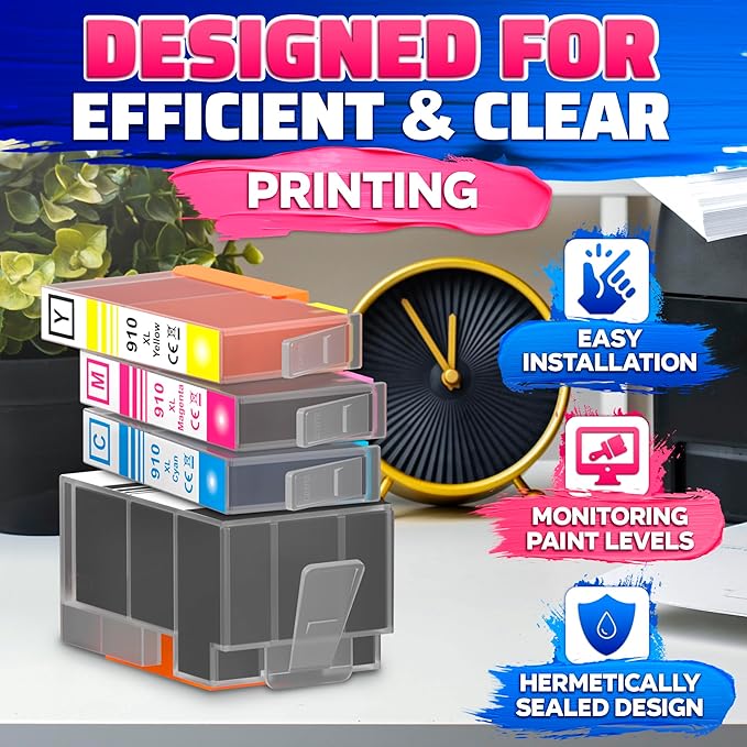 910XL Printer Ink Cartridges 4 Pcs – Includes 910XL Black & Color Ink – Compatible with HP 8020, 8025, 8028, 8030, 8035, 8010, 8015, 8018, 8022 – Quality Prints – Easy Installation