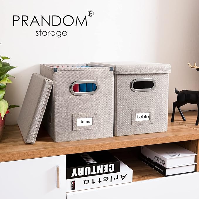 PRANDOM File Organizer Box - Set of 1 Collapsible Decorative Linen Filing Storage Hanging File Folders with Lids Office Cabinet Letter Size Light Grey (14x9.3x10.8 inch)