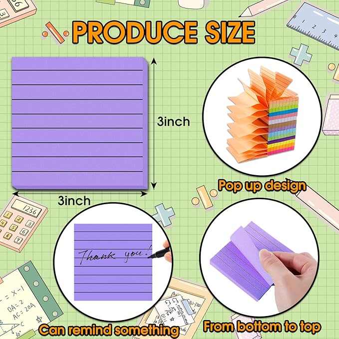 14 Pads Pop Up Sticky Notes,1400 Sheet Lined Sticky Notes 3x3 Inch,Self-Stick Notes Pads with Lines,Bright Multi Colors Easy Post Notes Pop up Refill for Office Study School Daily Life,100 Sheets/Pad