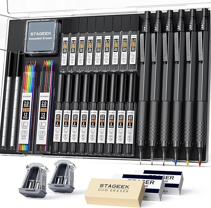35PCS Black Art Mechanical Pencil Set in Case，0.5 0.7 0.9 2.0 Graphite Metal Drawing Drafting Pencils, Sharpener Erasers 384PCS Lead Refills (6B 4B 2B HB 2H 4H Colors) for Writing Sketching