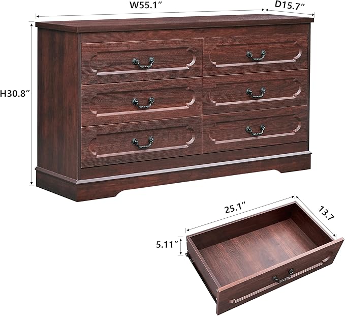 LIDYUK 6 Drawer Dresser for Bedroom Farmhouse Cherry Tall Wood Chest of Drawers for Bedroom Dresser, Modern Rustic 55" Wide Drawers Dressers Wooden Closet and Storage Cabinet, Hallway, Living Room