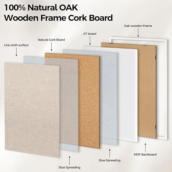 Fun Memories Cork Board Bulletin Board for Office, 24" x 36" Oak Wooden Framed Corkboard, Wall Mounted Notice Pin Board for School Home & Office, White