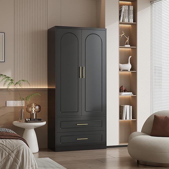 Metal Armoire Wardrobe Closet with Two Drawers, 71" Tall Large Wardrobe Cabinet with Hanging Rod, Clothing Storage Cabinet with Doors and Shelves for Bedroom, Black, Assemble Required