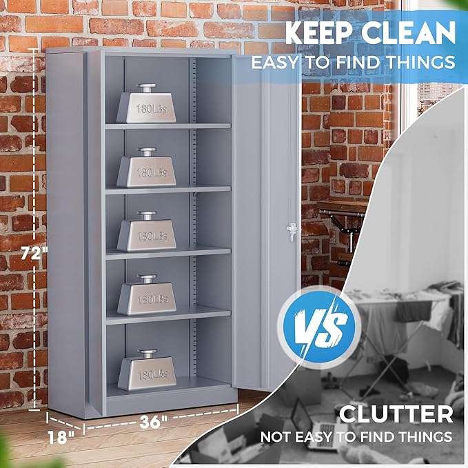 Greenvelly Metal Storage Cabinet with Doors, 72" Lockable Steel Garage Storage Cabinet with Shelves, Dark Grey 36" W x 18" D