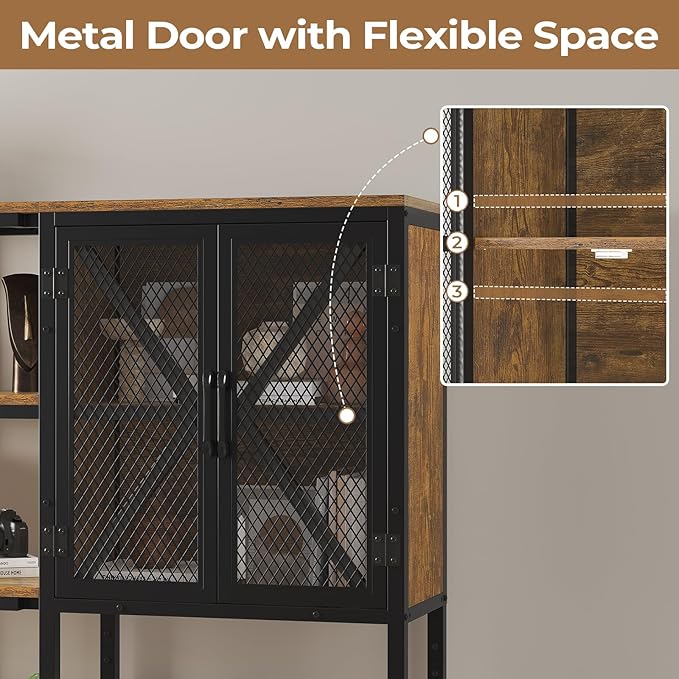 Corner Bookshelf, 5 Tier Industrial Convertible Bookshelf with 6 Fabric Drawers, Corner Bookcase Large L Shaped Storage Display Shelf for Home Office, Living Room, Kitchen, Rustic Brown