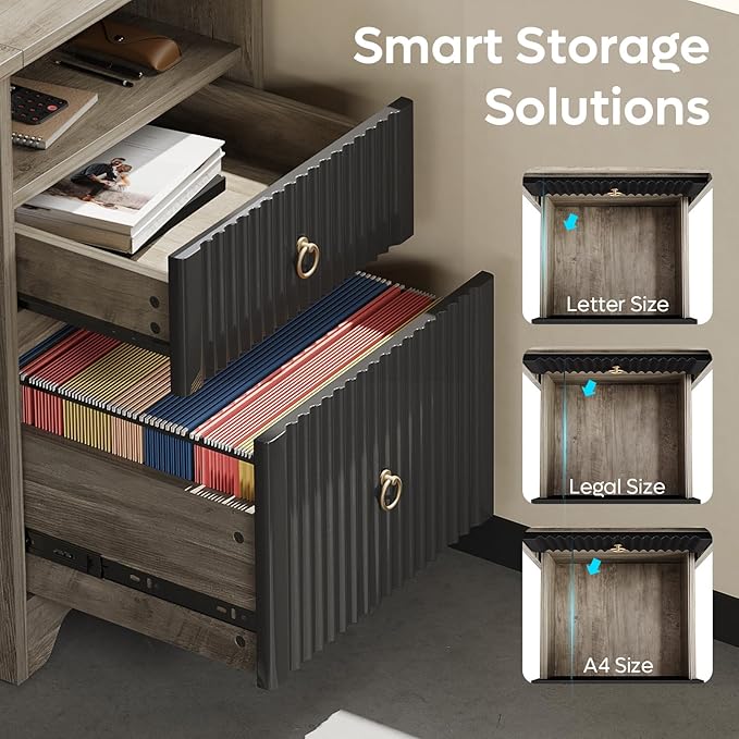 Bestier 55 Inch Computer Desk with Keyboard Tray, Modern Office Desk with Storage, Wood Writing Desk with File Drawer, Fluted Panel & 2 Hooks for Home Office & Studio, Grey