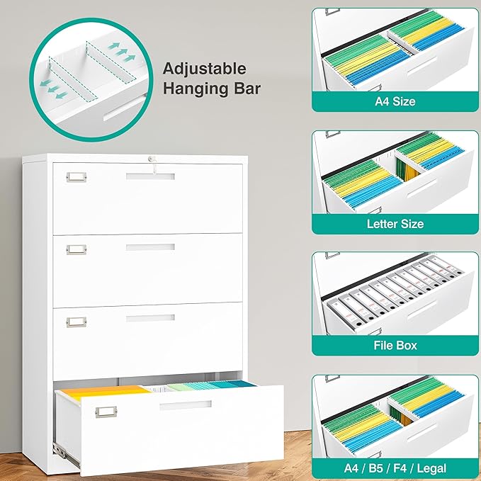 SISESOL 4 Drawer Lateral File Cabinet with Lock,White Lateral Filing Cabinet,Horizontal Metal Filing Cabinets,Locked Wide Four Drawer File Cabinets for Office Home,Fit A4/F4/Letter/Legal File