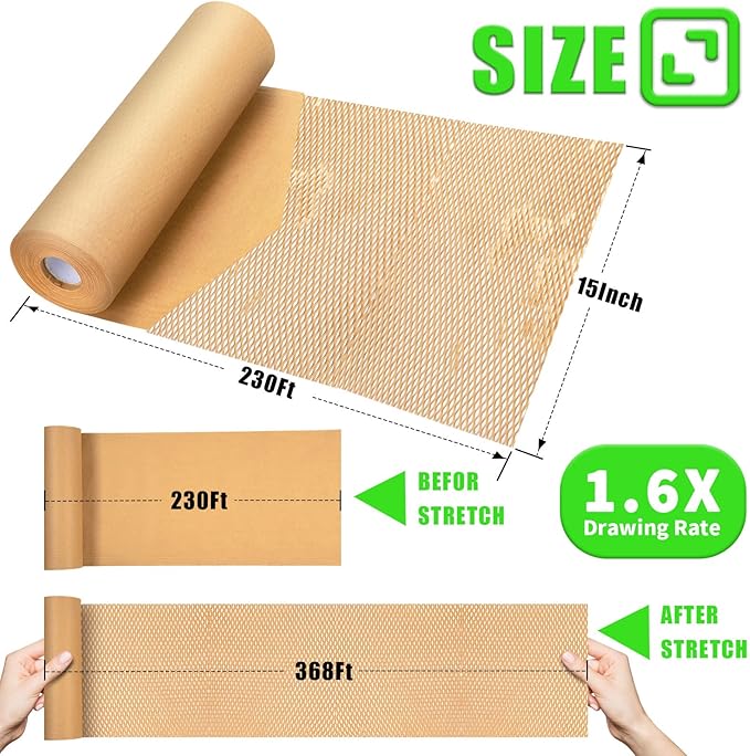 Honeycomb Packing Paper, MINHAO 15"x230' Eco Friendly Packing Paper for Moving Recyclable Honeycomb Paper Moving Supplies Bubble Paper Wrapping Protective Roll, With 36 Fragile Sticker Labels