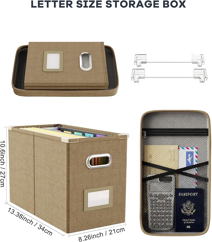 Oterri Hanging Filing File Box with Mesh Pocket, File Organizer Box with Lid, Collapsible Document Organizer Box for Letter Size, Easy Slide Durable Storage Box for Office/Decor/Home (2 PCS, Khaki)