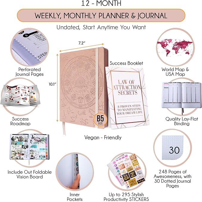 Law of Attraction Planner – Undated Hourly, Weekly & Monthly Goal Setting Planner, 12-Month to Increase Productivity | Life & Gratitude Journal, Include Foldable Vision Board, Gift Box & Stickers
