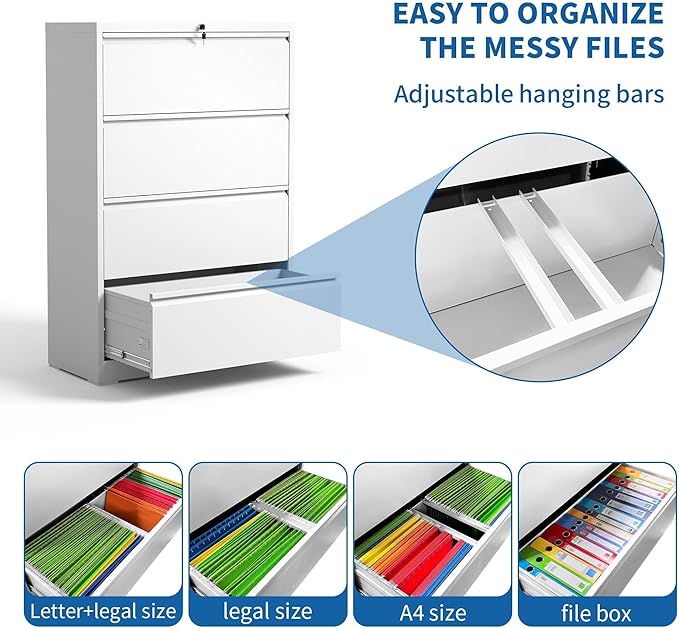 Lateral File Cabinet 4 Drawer, Metal File Cabinets for Home Office Legal/Letter A4 Size, File Cabinet with 4 Lock, Require Assembly, White