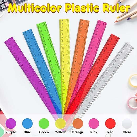 64 Pack Plastic Ruler 12 Inch in Bulk, Plastic Rulers in Assorted Colors, Clear Ruler with Inches and Centimeters, Transparent Rulers Bulk for Kids Back to School, Classroom, Office, Home Supplies