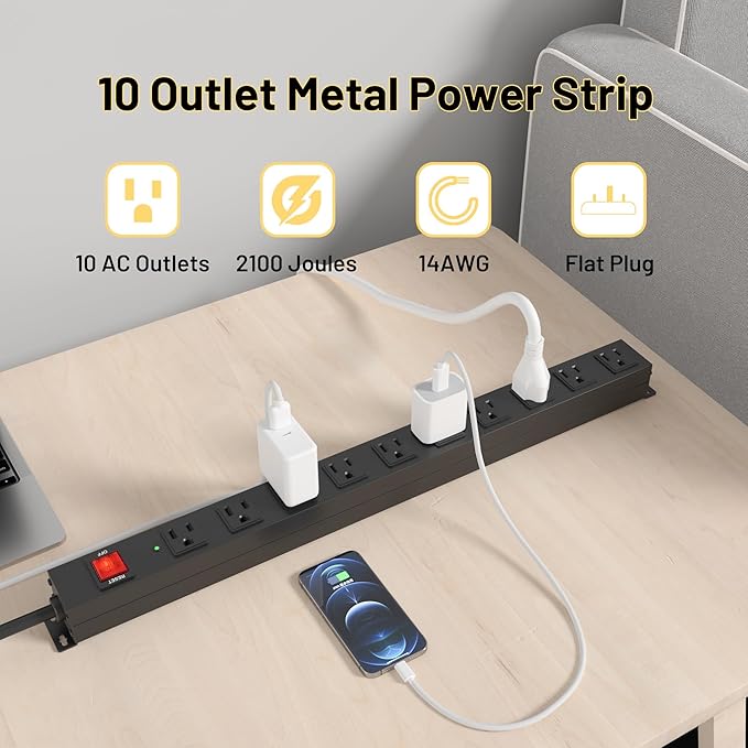 KF 10 Long Power Strip, Heavy Duty Surge Protector with 2100J, 15A/1875W Wall Mount Power Strip with Upgraded Switch, 14AWG 8FT Cord