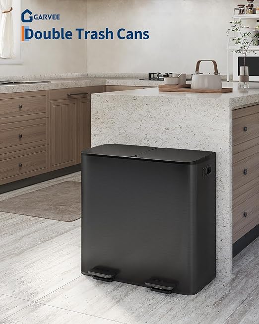 GarveeHome 2 x 10.6 Gallon Stainless Steel Double Trash Can with Lid for Kitchen, Large Dual Trash and Recycle Bin Combo, Step-on Kitchen Metal Garbage Cans, PP Inner Buckets, Liner Rim, Matte Black