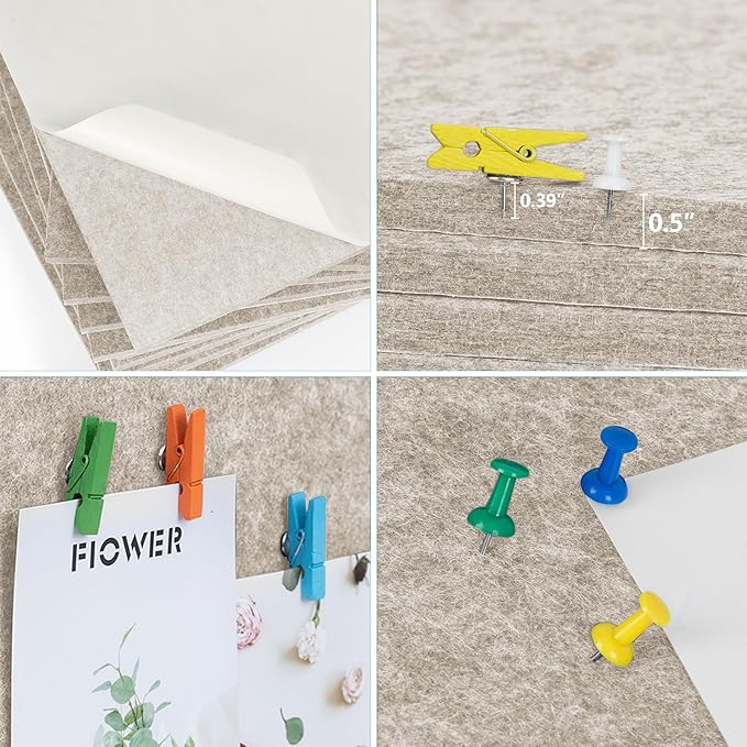 AKTOP Cork Bulletin Board 12x12, 1/2" Thick Felt Cork Board Tiles 12 Pack, Small Square Pin Board for Wall, Self Adhesive Corkboards with 120 Push Pin Wood Clips for School, Home & Office, Latte