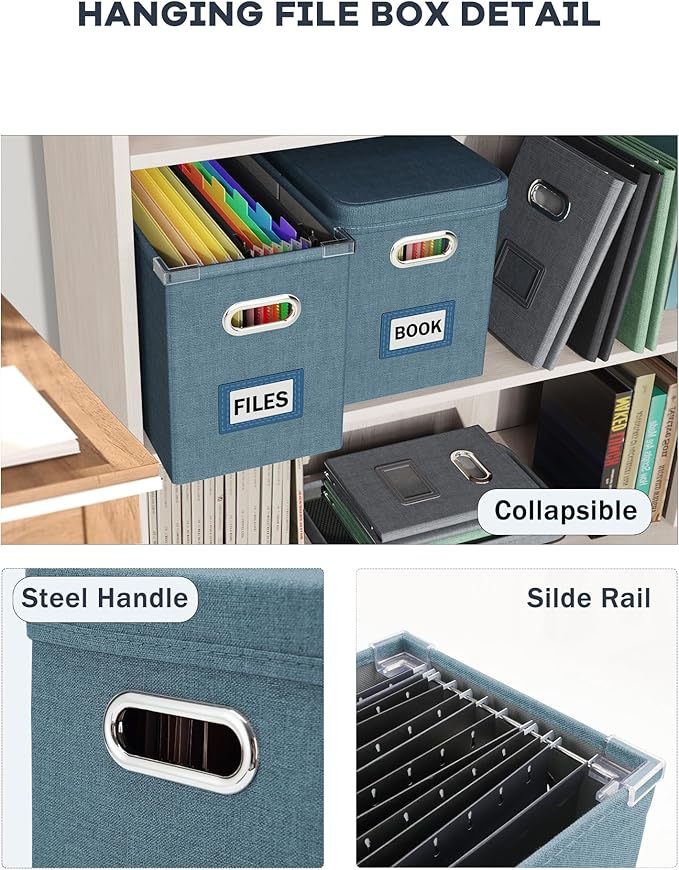 Oterri File Organizer with Lid, Hanging Filing Box with Mesh Pocket, Document Organizer for Letter Files, Portable Storage Box with Smooth Sliding Rail for Office&Home (2 PCS, Dark-blue)