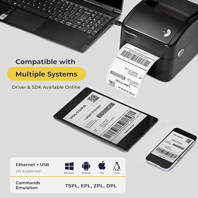 Volcora Thermal Label Printer with Ethernet/USB - Desktop 4x6 Shipping Label Printer, Compatible with Windows, Linux, Mac - Ideal for Small Business, Inkless Printer for Shipping Packages (Black)