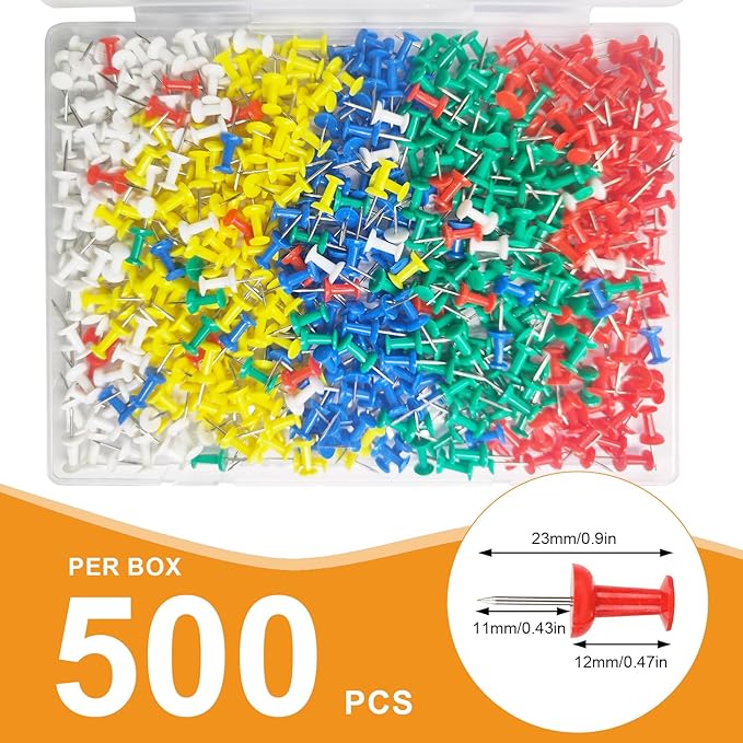 500 Pack Push Pins Tacks, Colored Map Push Pins, Plastic Head, Steel Point, Thumb Tacks for Cork Board, Bulletin Board, Map Pins, Photo Hanging Tacks at Homes, Schools and Offices