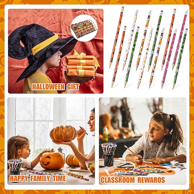 LOMIMOS 120pcs Halloween Pencil Bulk,Colorful Wooden with Eraser 12 Patterns Stationery for Kid Trick or Treat Gift Prize Party Favor School Office Supply Goody Bag Classroom Reward