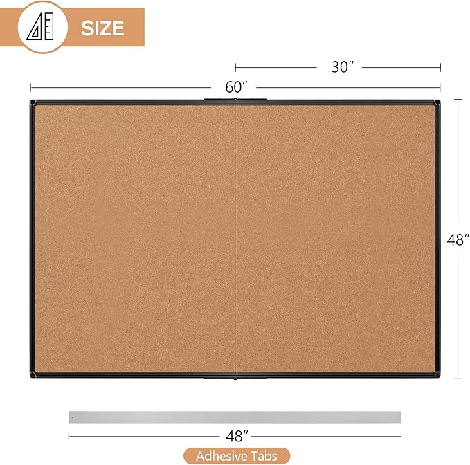 Board2by Extra Large Cork Bulletin Board 60" X 48", Foldable Notice Pin Board for Wall, Black Aluminum Framed 5'x4' Corkboard, Wall Mounted Noticeboard with 36 Push Pins for School, Home & Office