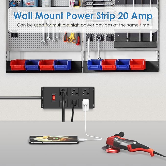 JUNNUJ 20 Amp Power Strip Heavy Duty 2 Pack, Garage 6 Outlets Metal 12 Gauge Surge Protector 3000J, High Amp 5-15P Adapter Shop 6-20R T-Slot Industrial (6AC 2-Pack, 10FT)