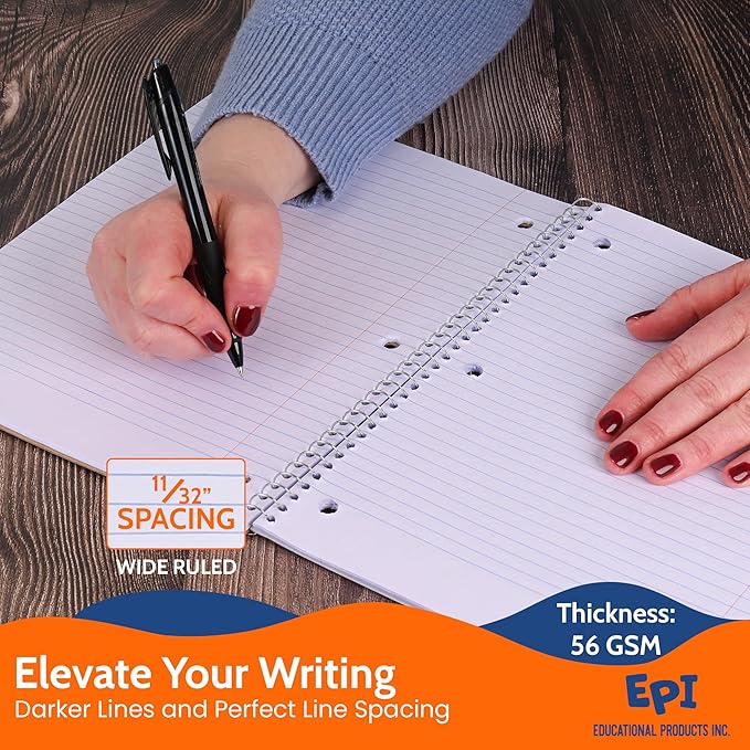 EPI Spiral Notebook | Wide - 70 Sheets, Durable Spiral Binding | 10.5 x 8 in | Classroom Supplies | School, Office, Note Taking, Journaling - 6 Pack