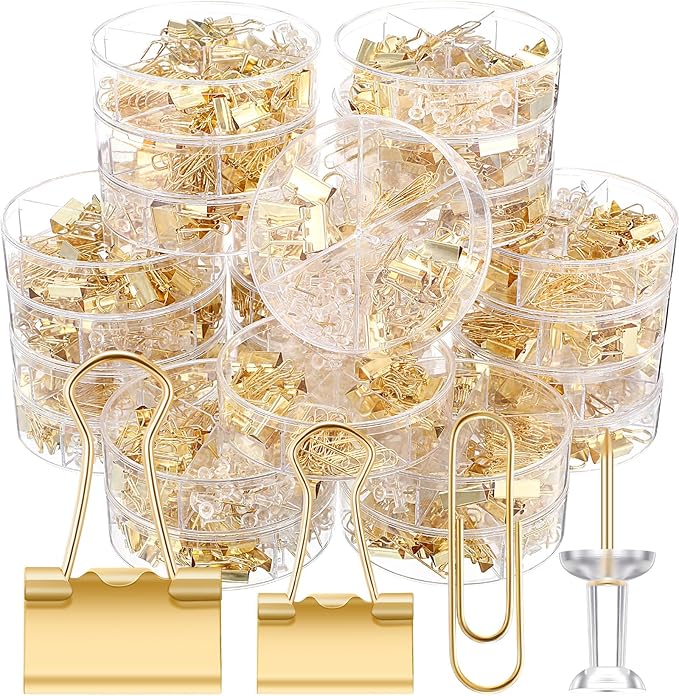 1560 Pcs Paper Clips and Binder Clips Assorted Sizes, Large Medium Small Binder Clip Paperclips Thumb Tacks, College Supplies Home Office Supplies Document Organizing(Gold)