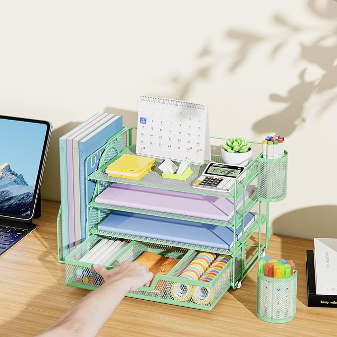 Marbrasse Desk Organizer and Accessories，4-Tier Paper Letter Tray Organizer with File Holder, Desk Accessories & Workspace Organizers with Drawer and 2 Pen Holder (Green, 15.4" x 9.1" x 8.3")